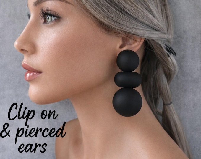 Clip  On Earrings - Big Chunky Statement Matte Black Drop Earrings |  Bold Modern Geometric Design