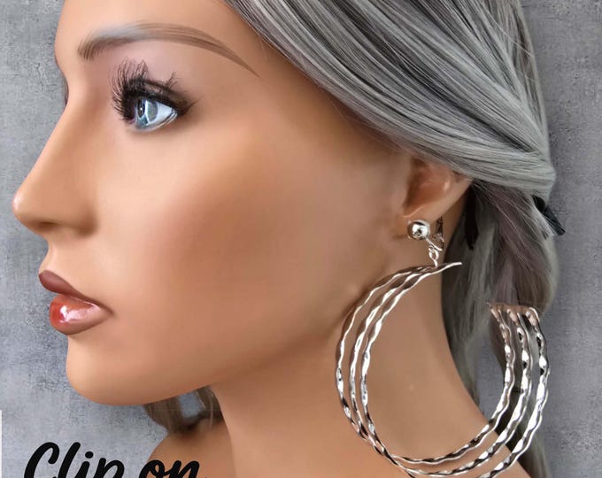 CLIP ON Hoop Earrings, Huge Silver Tone Clip-On C Design Hoop Earrings – Bold Statement Jewelry - Big Wide Chunky Earrings - Non Pierced