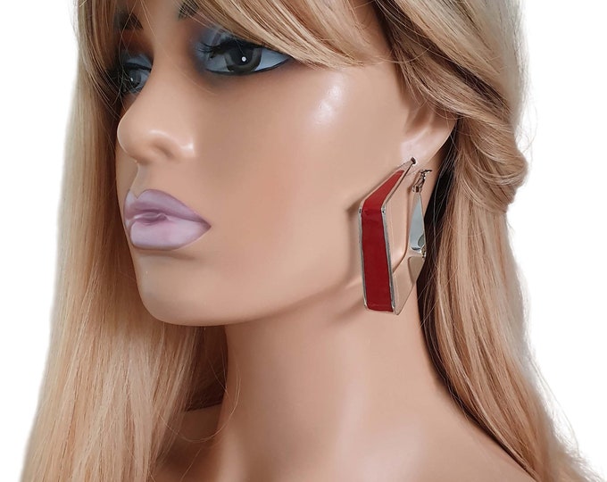 1 pair of 2.75" silver & red enamel wide - square shape clip on hoop earrings for non pierced ears, big, wide chunky hoops, pierced option
