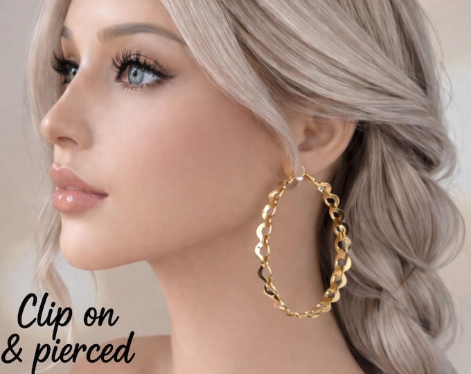 Clip On Hoop Earrings - Gold Tone Cut Out Pattern Hoops - 3" - 7.5cm