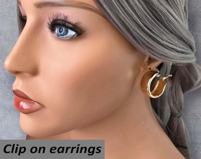 CLIP ON hoop earrings, Gold Tone Clip-On Earrings | Small Wide Chunky Hoop Earrings, Non-Pierced, 1.1" stylish fashion earrings, ear clips
