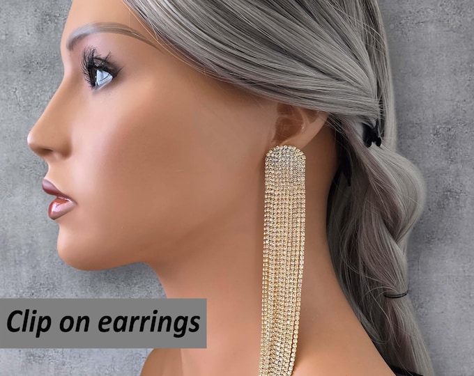 CLIP ON Drop Earrings, Eye Catching 5.5" Long Gold Tone & Rhinestone Waterfall Tassel Drop Earrings, Non Pierced, Clip on Dangle Earrings