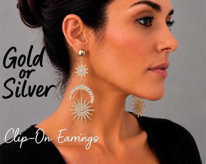 Clip On Earrings - Celestial Statement Crystal Sun & Moon Drop Earrings  - 4" - 10cm