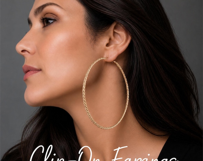 Clip On Hoop Earrings – Large Twisted Statement Hoops – Non Pierced Ears – Gold or Silver Tone - 3.5" - 9cm
