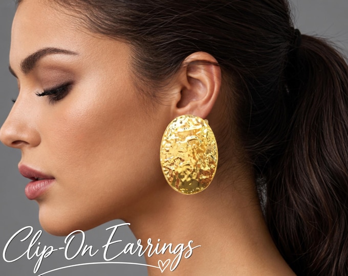 Clip On Earrings - Big Hammered Oval Statement Non Pierced | Gold or Silver Tone  - 2.5" - 6cm