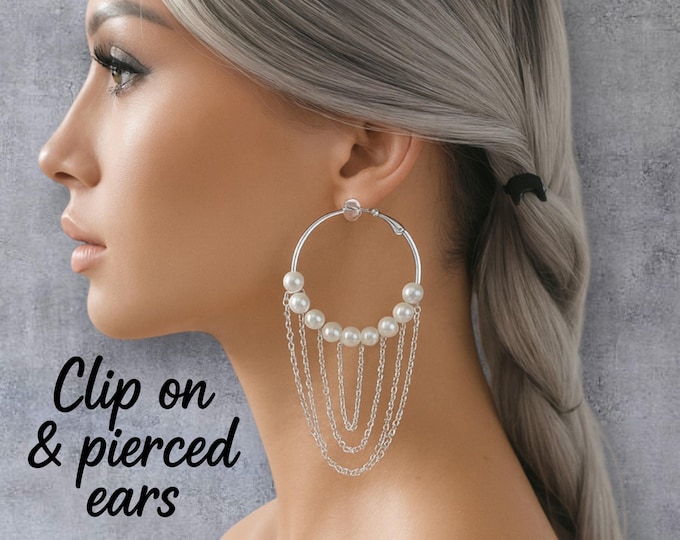 Silver Tone Clip-On Hoop Earrings with Pearl Bead & Draped Chains – Oversized Statement Hoops