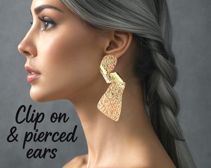 Gold Tone CLIP ON Abstract Textured Statement Drop Earrings – Bold Sculptural Geometric Dangle Earrings,