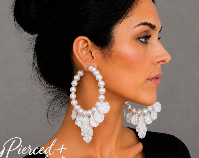 Clip On Faux Pearl Hoop Earrings with Cascading Shell Drops – Oversized Bridal & Party Earrings - 4.25" - 11.5cm