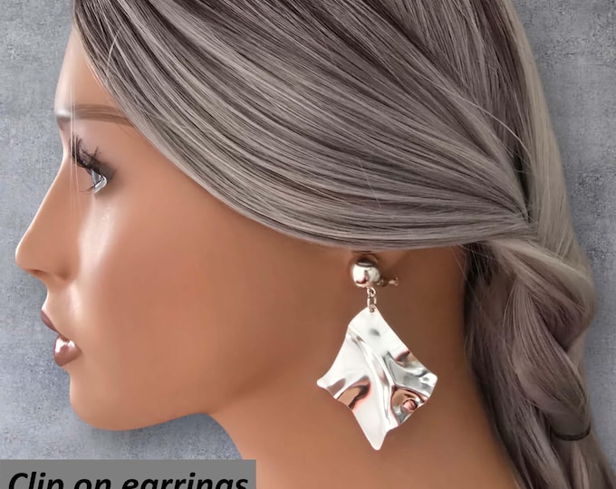 Clip on silver metal drop earrings - 2.75" long wavy / crinkled diamond shape shiny silver drop earrings - Clip on or Pierced earrings