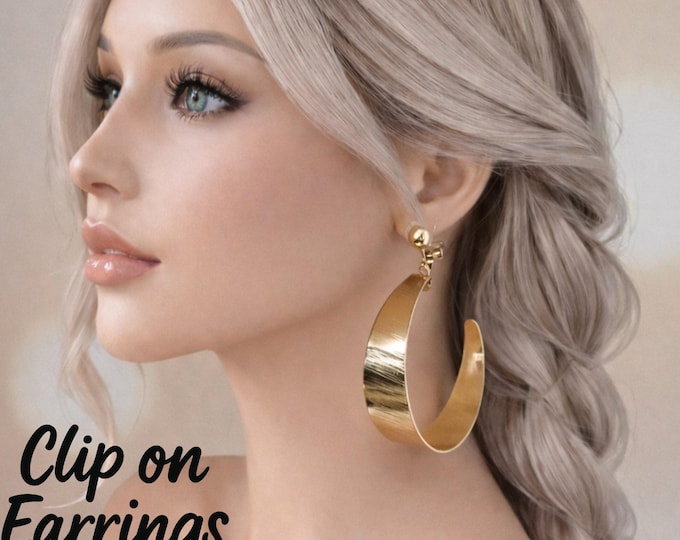 Extra Wide Gold Tone Clip On Hoop Earrings – Flat C Shape Statement Hoops 3" - 7.5cm