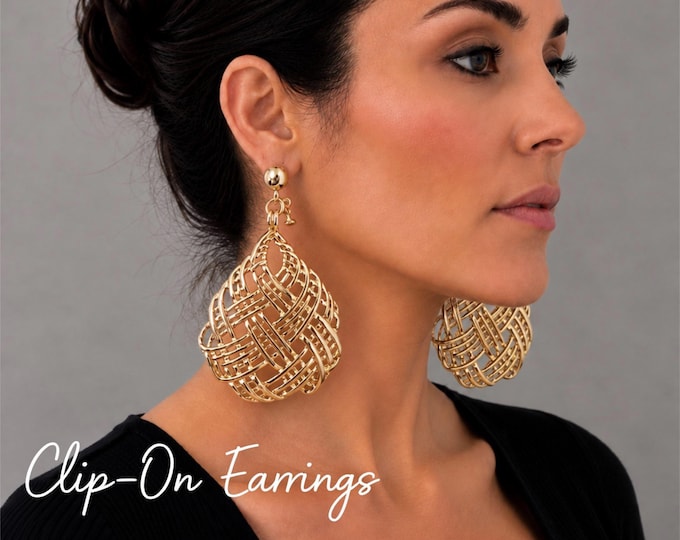 Gold Clip On Statement Earrings, Large Gold Drop Earrings, Woven Filigree Dangle Earrings Non Pierced, 3.5" - 9cm