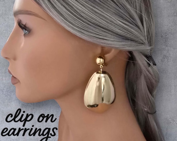 Big Gold Tone Statement Clip On Earrings | Modern Dome Drop Earrings | Sculptural Minimalist Jewelry | Bold Mirror Gold Earrings