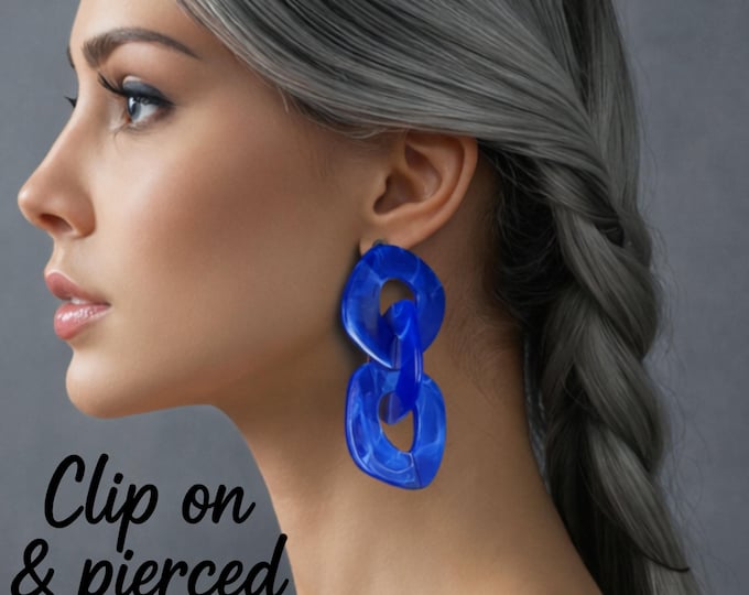 Cobalt Blue Acrylic Statement Earrings – Large Chain Link Drop Earrings – Modern Chunky Jewellery- 3 lengths