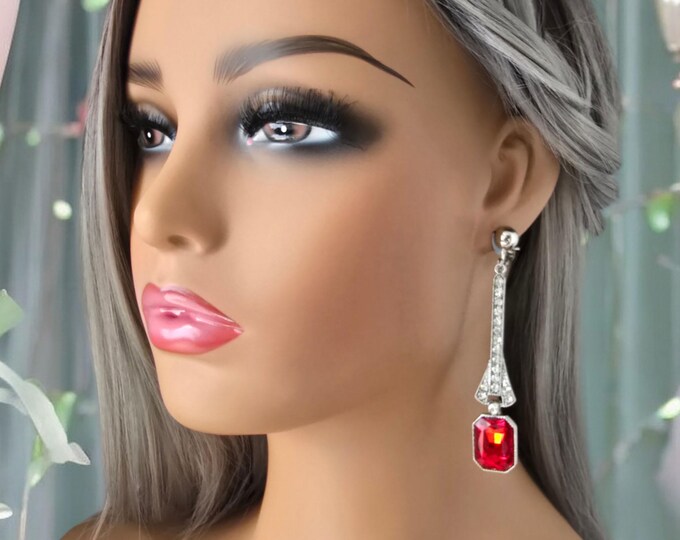 1 pair diamante CLIP ON drop earrings - 325" silver tone & red crystal - diamante rhinestone drop earrings - clip on or pierced option