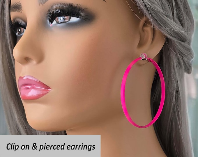 1 pair CLIP ON hoop earrings - 2.75" bright - bold hot pink / cerise painted hoop earrings  pierced & Non pierced ears