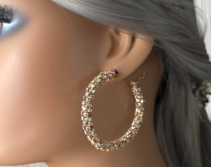 1 pair gold tone & AB diamante CLIP ON hoop earrings - 2" diameter gold tone hoops with sparkly ab diamante - rhinestones