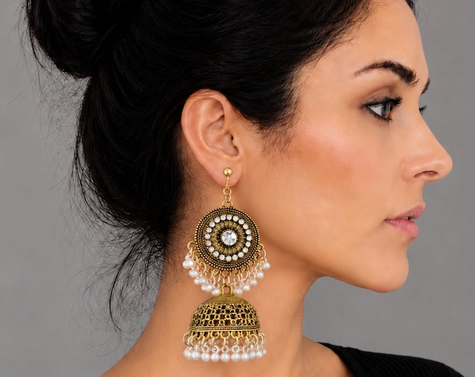 Indian Jhumka Clip On Earrings – Ornate Crystal Boho Statement Drop – Non Pierced Chandbali Dangle Earrings – 3.5" - 9cm