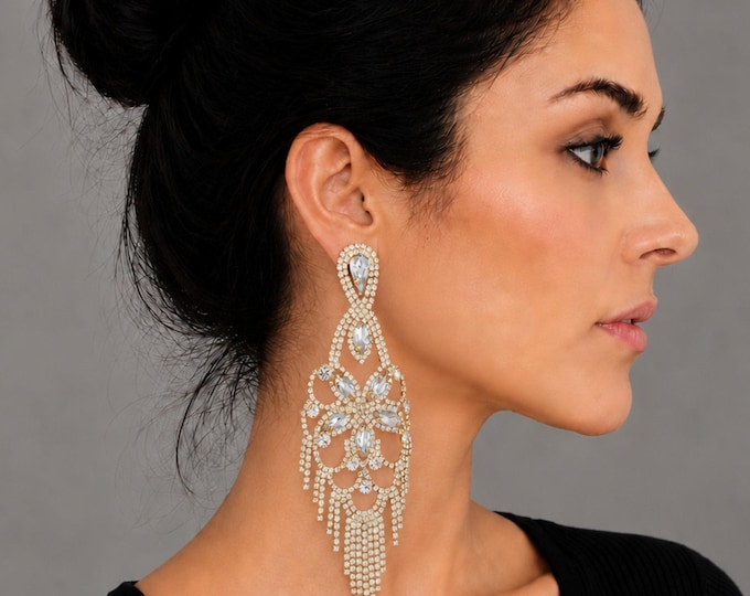 Clip On Gold Tone Rhinestone Chandelier Earrings – Extra Large Statement Crystal Earrings – 5.25" – 13.5cm