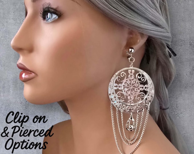 Long Vintage Silver Clip On Filigree Chandelier Earrings – 5" Long Ornate Boho Statement Dangle – Filigree Drop Earrings with Draping Chains