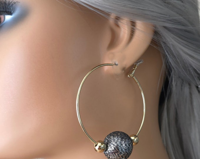 1 pair Gold CLIP ON hoop earrings - 2.5" gold tone wire hoop earrings with large black & silver bead detail - clip on or pierced option
