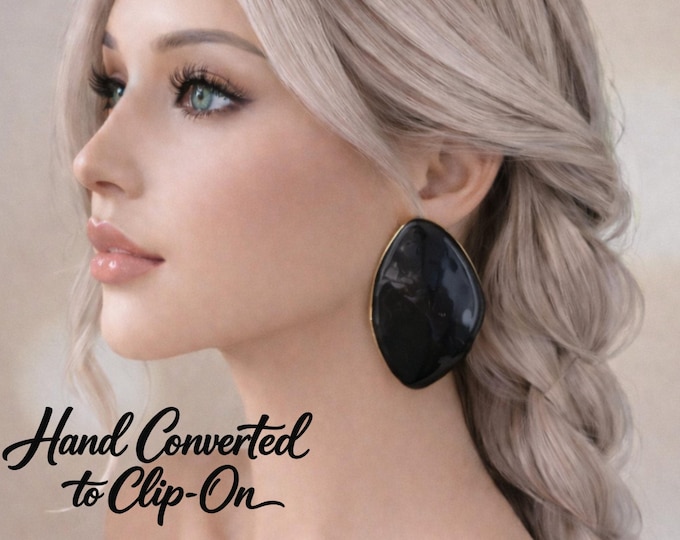 Clip On Earrings - Large  Black Enamel Hand Converted Non Pierced Statement Earrings,