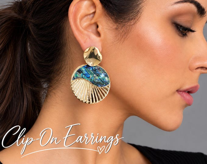 Clip On Earrings – Gold Tone Abalone Shell – Large Round  Textured Gold Drop Earrings – 2.6" – 6cm