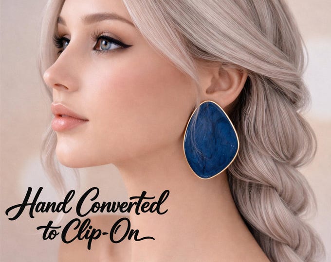 Blue Marble Teardrop Clip On Earrings – Enamel Statement Earrings – Non Pierced – Bold Modern Jewellery
