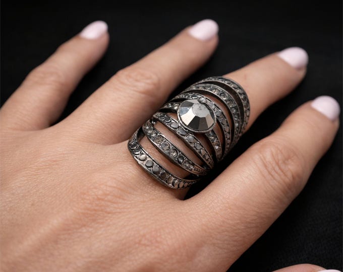 Adjustable Black Hematite-Tone Rhinestone Ring – Oval Cocktail Statement Jewelry