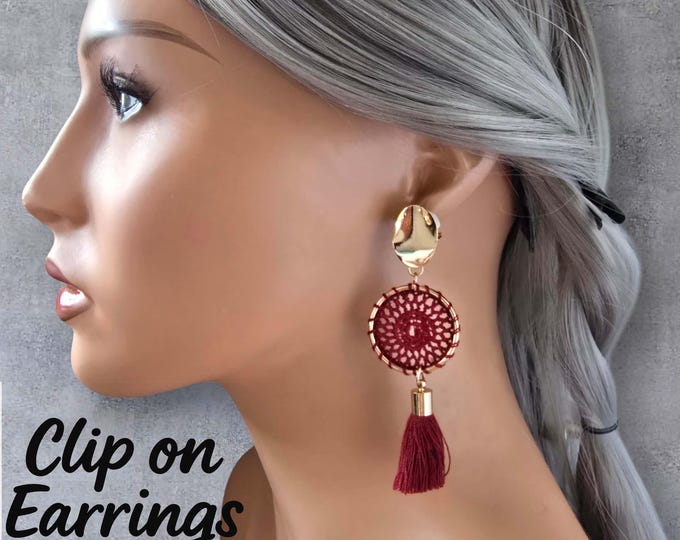 Burgundy Dream Catcher Tassel Clip-On Earrings – Gold & Burgundy Boho Dangle Earrings – Lightweight Statement Earrings for Non-Pierced Ears