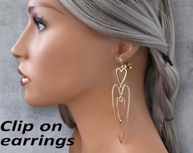Clip-On Long Drop Earrings – 4" Gold-Tone Double Elongated Heart Dangle Earrings for Non-Pierced Ears, Statement Jewelry, Romantic Gift