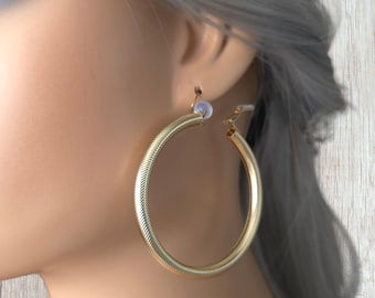 1 pair gold tone CLIP ON hoop earrings - 2.25" patterned chunky open pipe tube hoop earrings for pierced or  non pierced ears