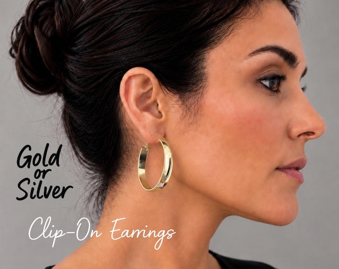 Gold or Silver Tone Chunky Clip On Hoop Earrings – Wide Polished Hoops for Non Pierced Ears - 1.25" - 3.4cm