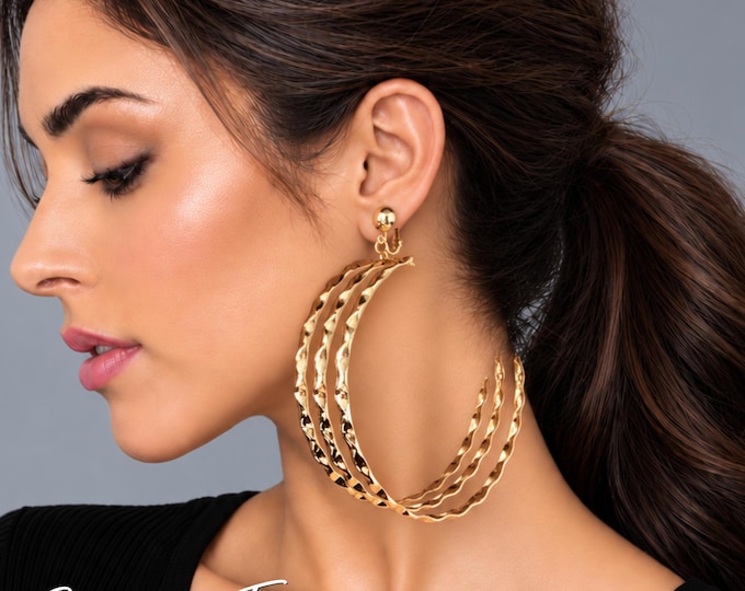 CLIP ON Hoop Earrings, Oversized Gold Tone Clip-On C Design Hoop Earrings – Bold Statement Jewelry - Big Wide Chunky Earrings - Non Pierced