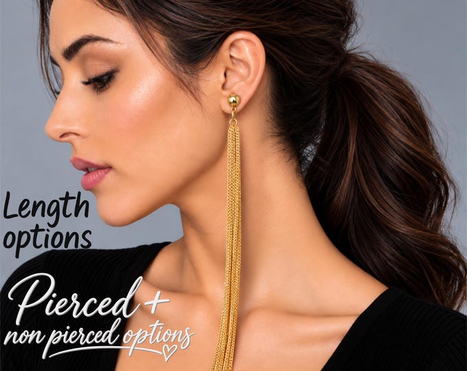 Extra Long Gold Tone Chain Drop Earrings – Clip On or Pierced • Statement Tassel Earrings • Length Options • Bold Glam Fashion