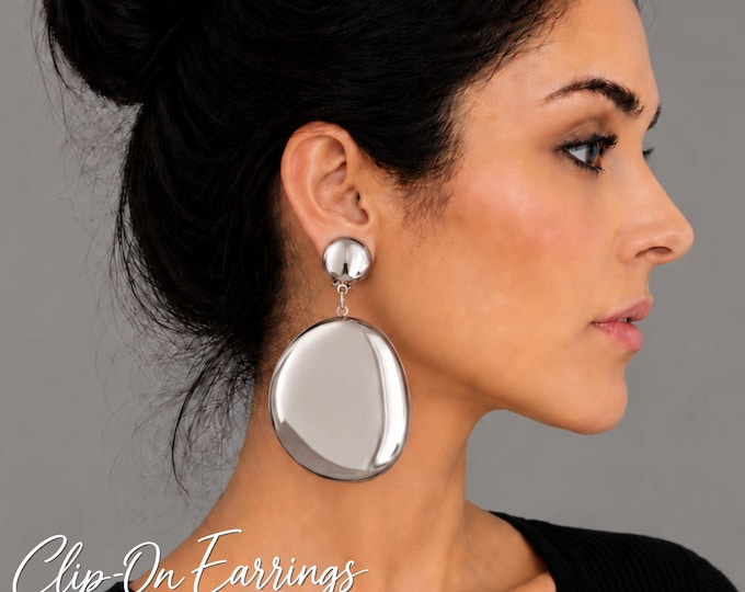Clip On Silver Tone Disc Earrings, Oversized Statement Earrings, Large Dome Drops, Non Pierced Earrings, 3" – 7.5cm