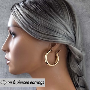 1 pair of CLIP ON hoop earrings -  1.6&quot; Chunky wide plain shiny square tube round hoop earrings  - Gold or silver tone options