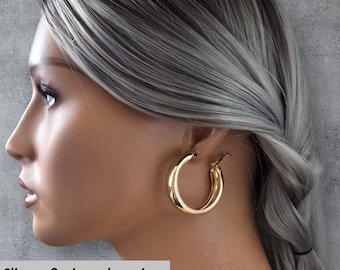 1 pair of CLIP ON hoop earrings -  1.6" Chunky wide plain shiny square tube round hoop earrings  - Gold or silver tone options