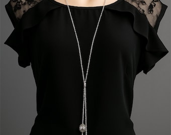 34" Long Silver Tone Knotted Lariat Necklace – Tibetan Silver Beads & Chain Tassel Drop –  Statement Gift for Her