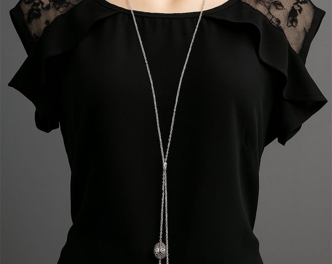 34" Long Silver Tone Knotted Lariat Necklace – Tibetan Silver Beads & Chain Tassel Drop –  Statement Gift for Her