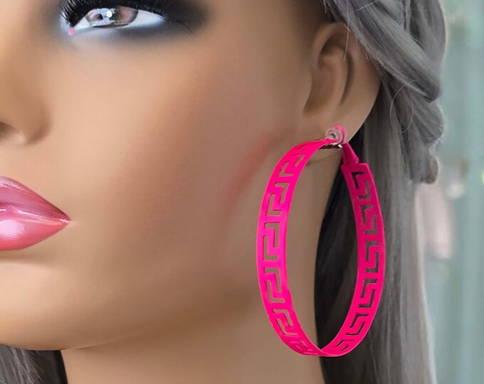 1 pair CLIP ON hoop earrings - 2.75" bright - bold hot pink / cerise painted hoop earrings with a cut out design pierced & Non pierced ears