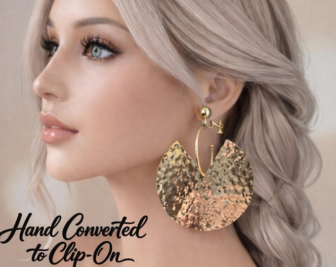 Clip On Gold Statement Earrings – Large Hammered Crescents – Non Pierced Boho Chic Jewelry