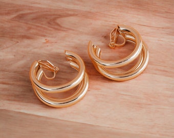 1 pair of 1.35" CLIP ON hoop earrings, Chunky  plain shiny 3 row round tube C shape hoop earrings for non pierced ears -Statement hoops #nh9