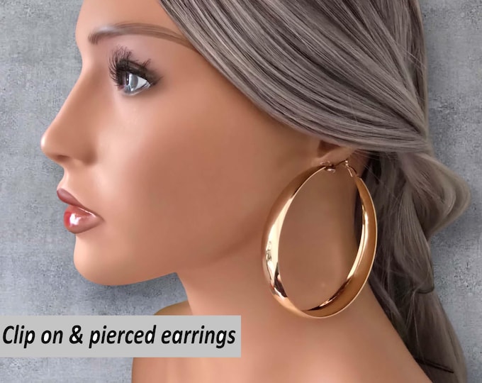 Big gold tone CLIP ON hoop earrings - 3" diameter - wide convex flat tube hoop earrings - clip on or pierced option - Big statement hoops #N
