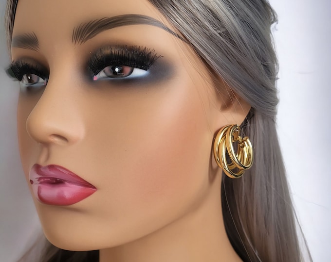 1 pair of 1.35" CLIP ON hoop earrings, Chunky  plain shiny 3 row round tube C shape hoop earrings for non pierced ears -Statement hoops #nh9