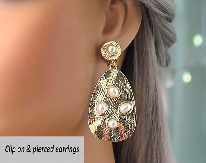 CLIP ON drop earrings - 2.5" long gold tone &  faux pearl bead disc drop earrings, non pierced ears, ear clips, Prom - Bridal earrings