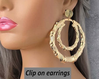 Clip on hoop earrings, 1 pair gold tone bamboo design clip on hoop drop earrings, 3.75" big fashion statement earrings for non pierced ears