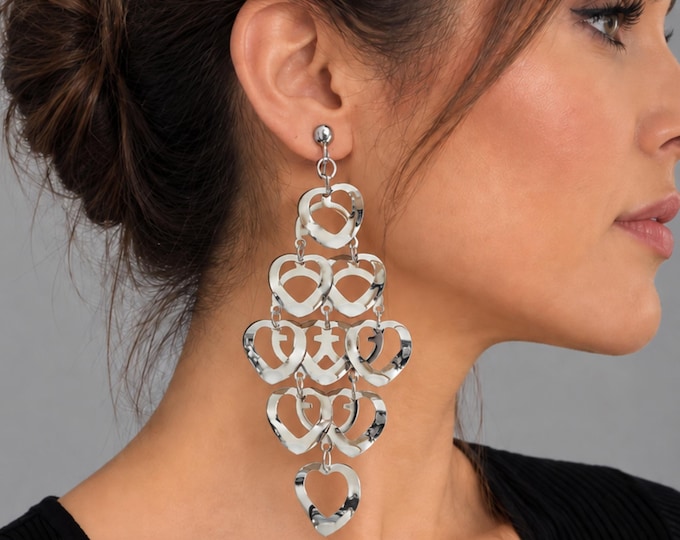 Clip On Statement Silver Tone Heart Chandelier Earrings – Clip On or Pierced  5" - 12.5cm