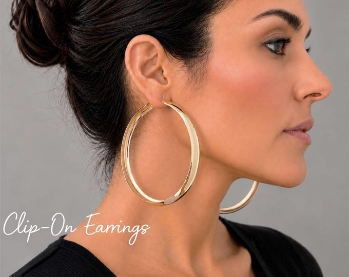 Gold Tone Clip On Hoop Earrings – Large Wide Hoops – Non Pierced Statement Earrings - 3.1" - 8cm
