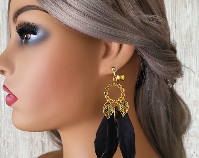 1 pair of 4" long tibetan gold tone & black feather CLIP ON drop earrings for non pierced ears