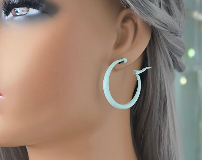 1 pair CLIP ON hoop earrings - 1.5" pastel colored graduated hoop earrings for non pierced ears - 6 color options, non pierced hoop earrings